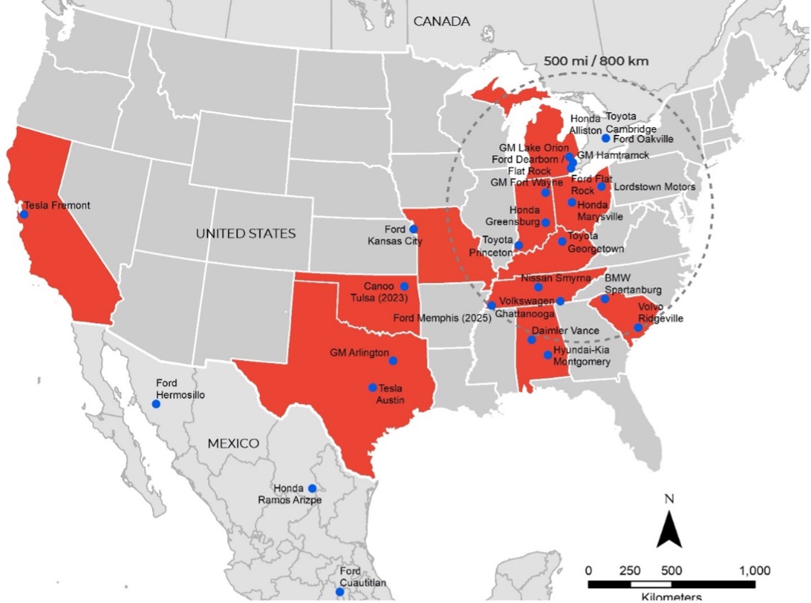 Map of electric vehicle production in North America, where 75% of plants producing EVs are within 500 miles of Columbus.