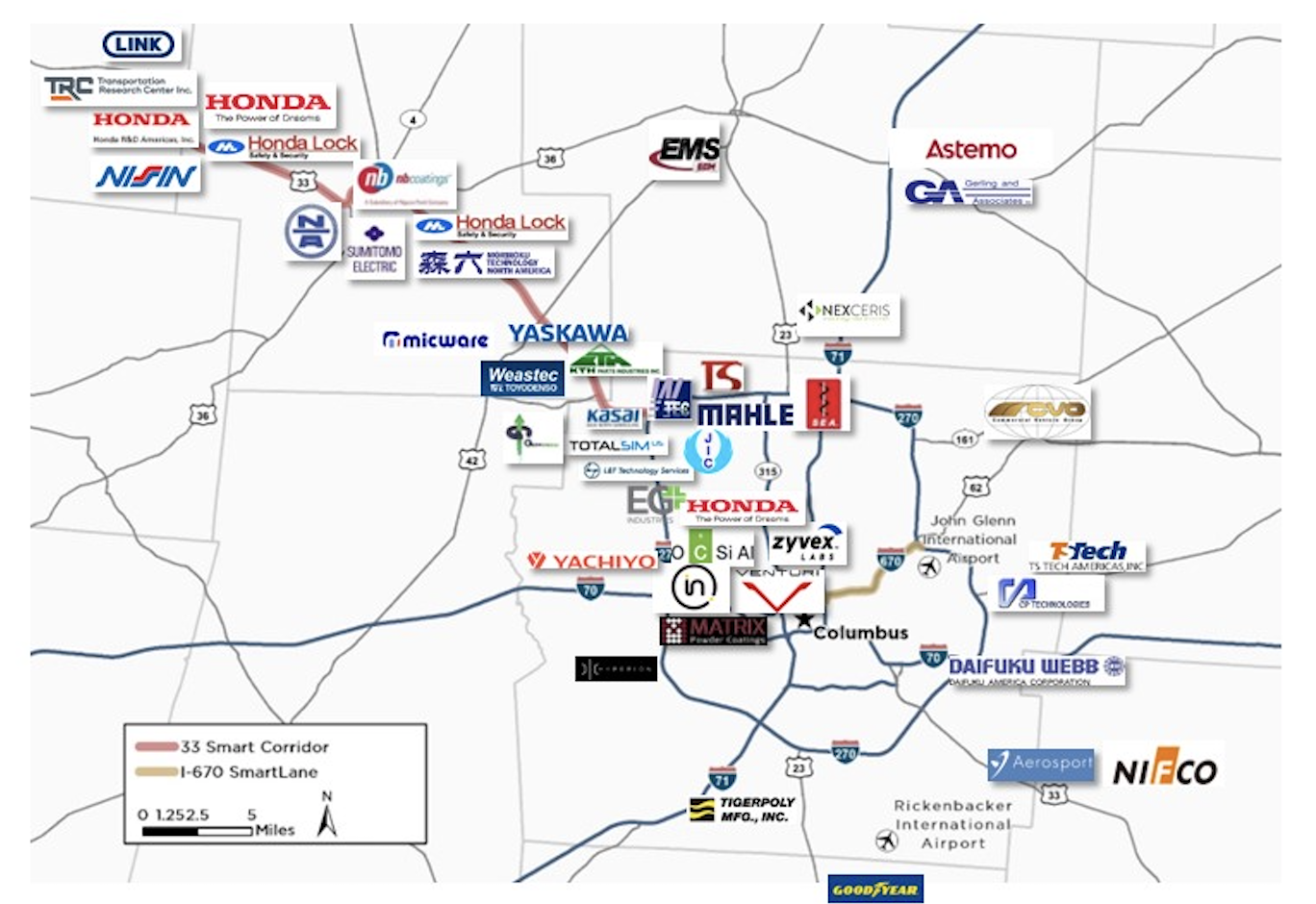 Map of automotive R&D operations in the Columbus Region.