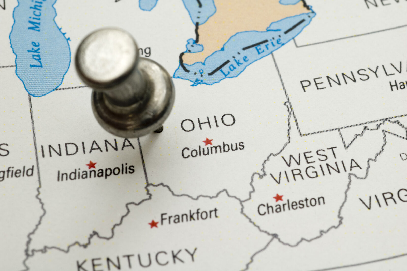 US map with pin in Ohio