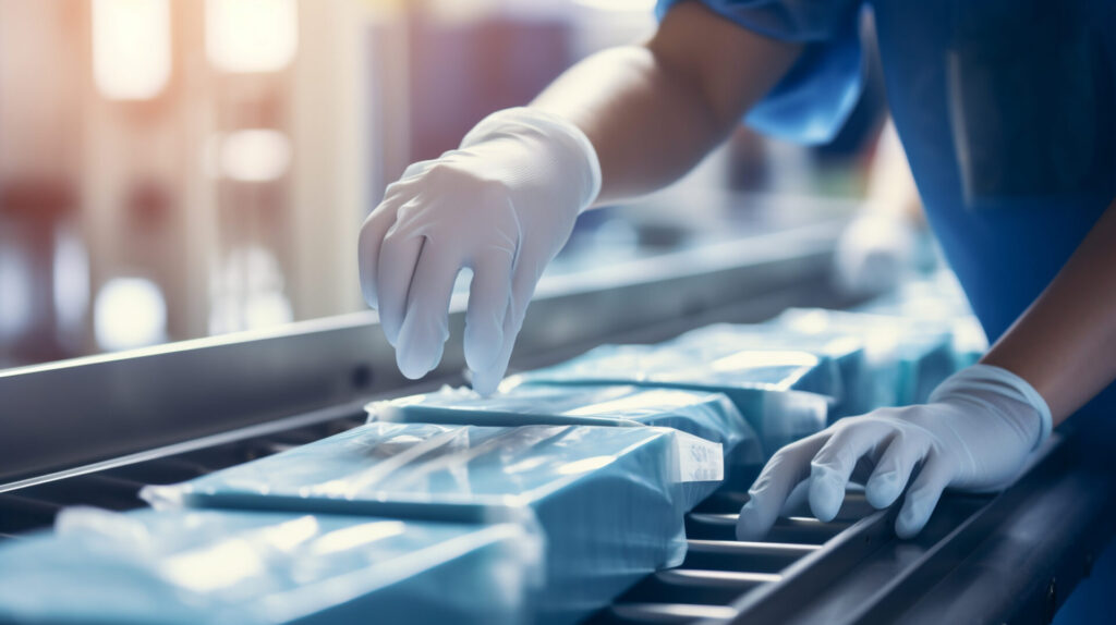 Hands of a worker placing packaged medical equipment into boxes on a conveyor belt, part of the healthcare supply chain.