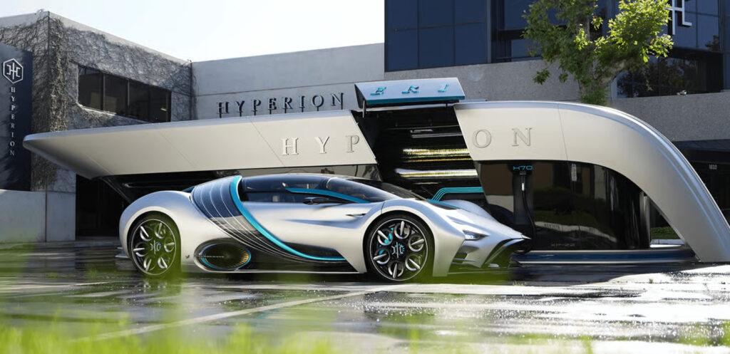 Hyperion electric vehicle in front of facility